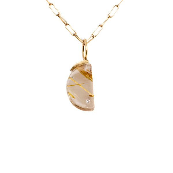 Rutilated Quartz and Diamond Gold Moon Charm