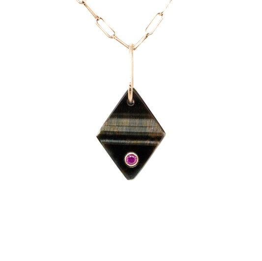 Variegated tiger eye and ruby gold diamond charm