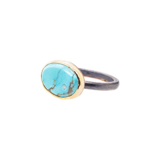 turquoise and diamond gold elliptical ring