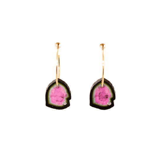 Watermelon Tourmaline and Diamond Gold Hoop Earrings
