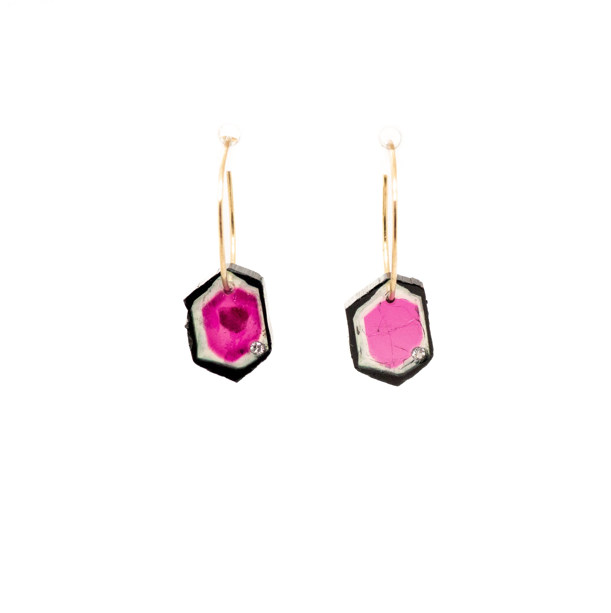 watermelon tourmaline slice gold hoops with diamonds 