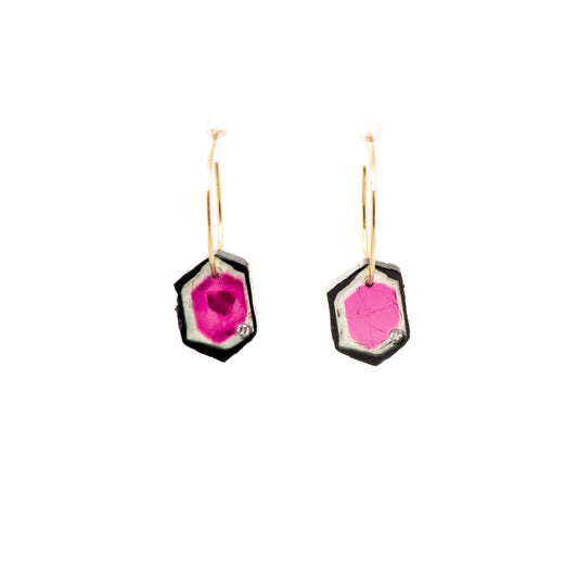 watermelon tourmaline slice gold hoops with diamonds 