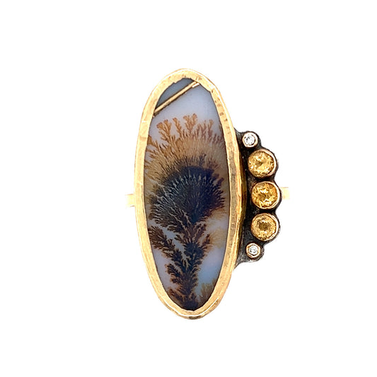 Dendritic Agate, Citrine, and Diamond Gold Kintsugi Ring