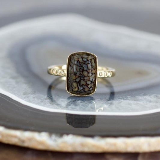 rectangle shaped dinosaur bone stone, 6 diamonds, 14k gold ring