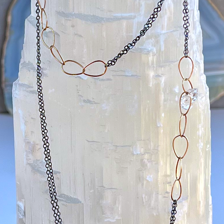 Mixed Metals Gold Pear Link Chain Necklace with Herkimer