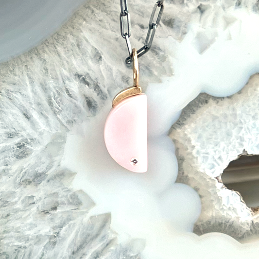 Pink Opal and Diamond Gold Moon Pendant