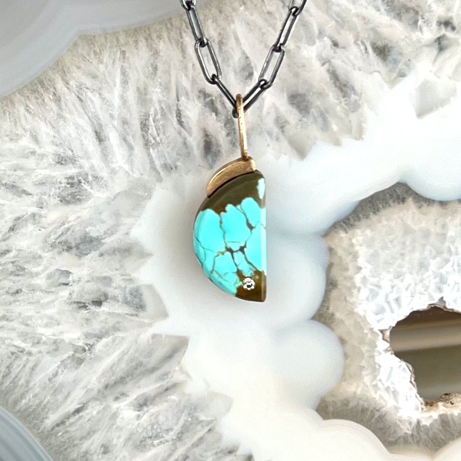Turquoise and Diamond Gold Moon Pendant
