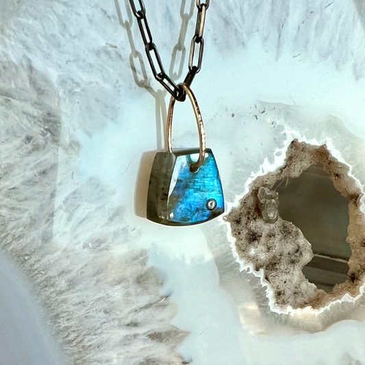 Blue Labradorite and Diamond Mini Gold Pendant