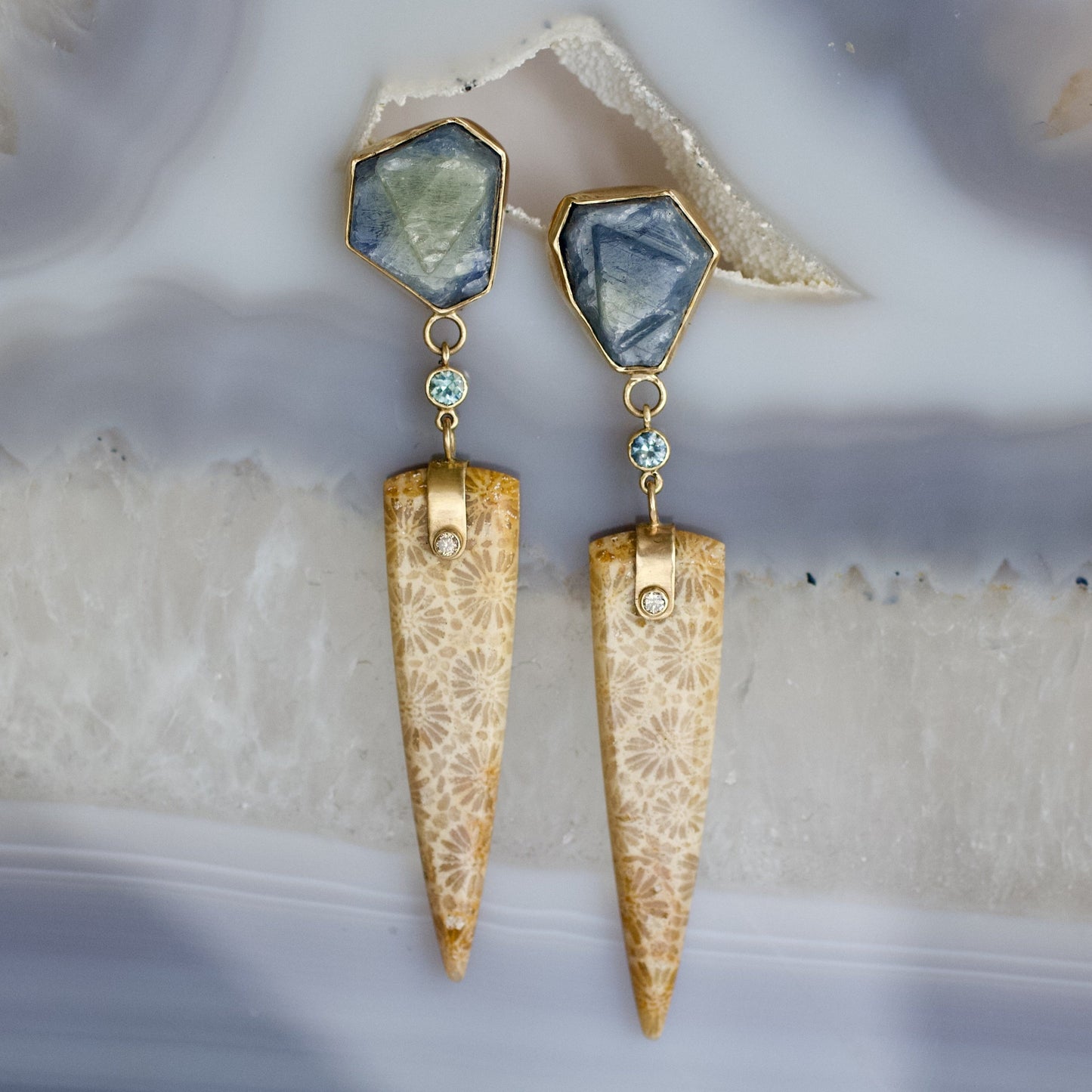 Agatized Coral, Raw and Montana Sapphire Gold Earrings