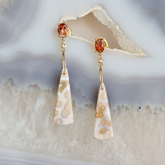 Sunstone, Ocean Jasper, and Diamond Gold Earrings