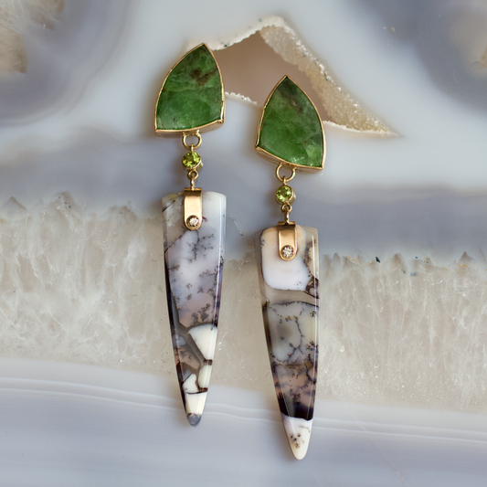 Emerald, Peridot, Dendritic Opal Gold Earrings