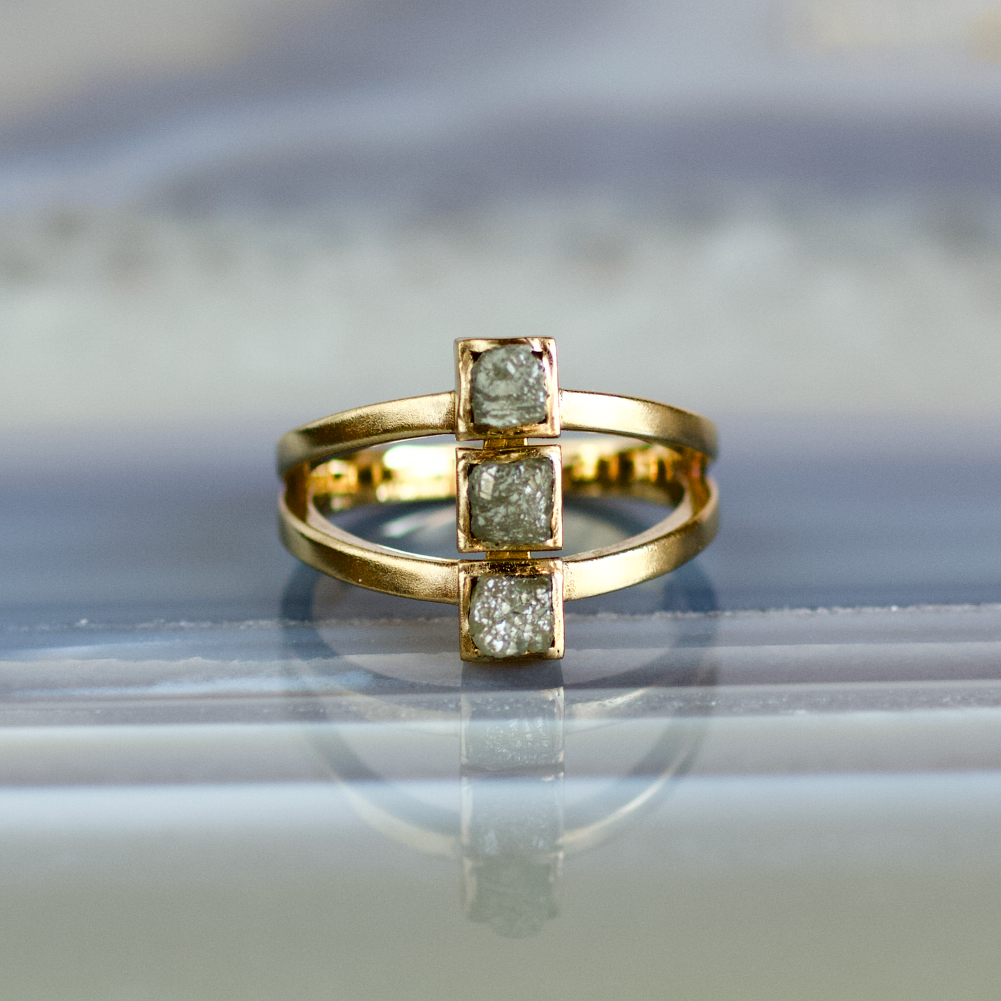 three square raw diamond 14k gold ring