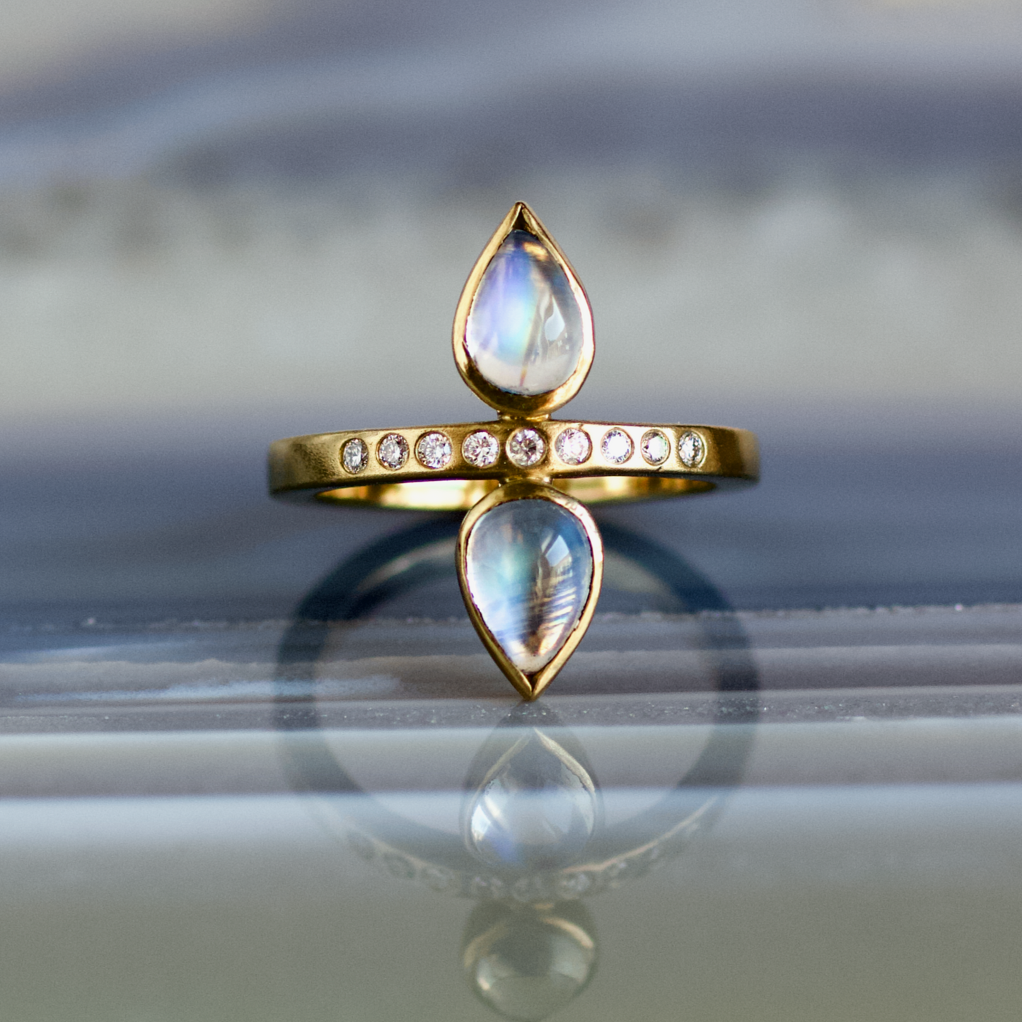 double pear moonstone diamond ring gold
