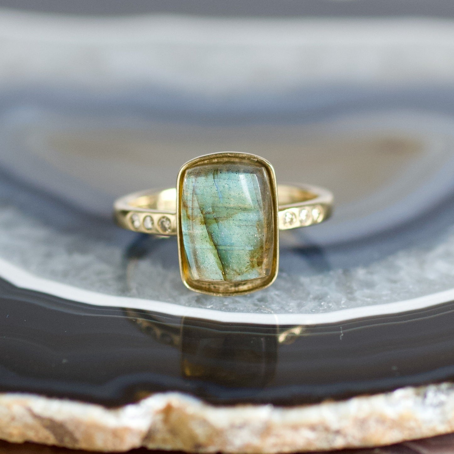 rectangle shaped labradorite stone, 6 diamonds, 14k gold ring