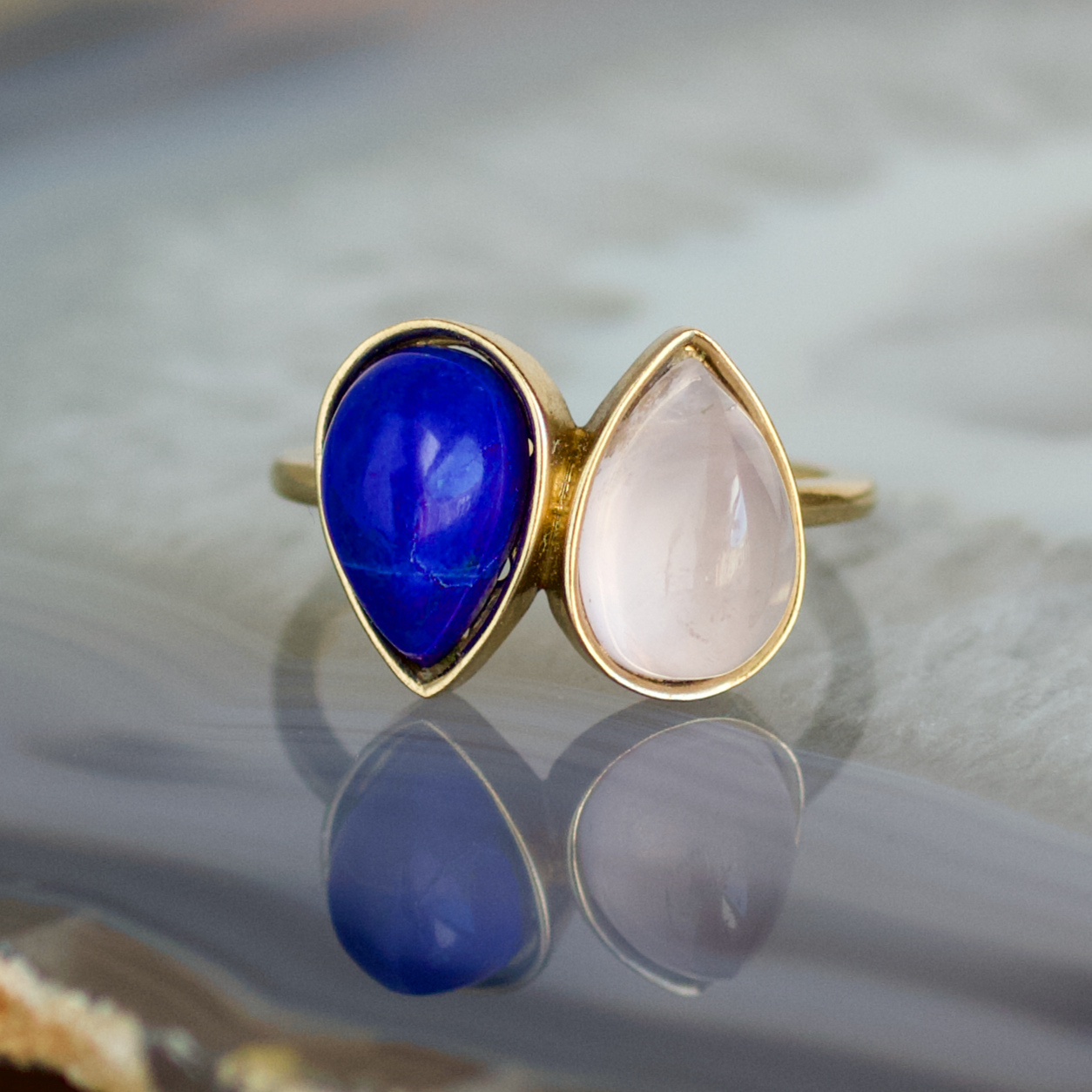 double pear lapis and rose quartz stone gold ring