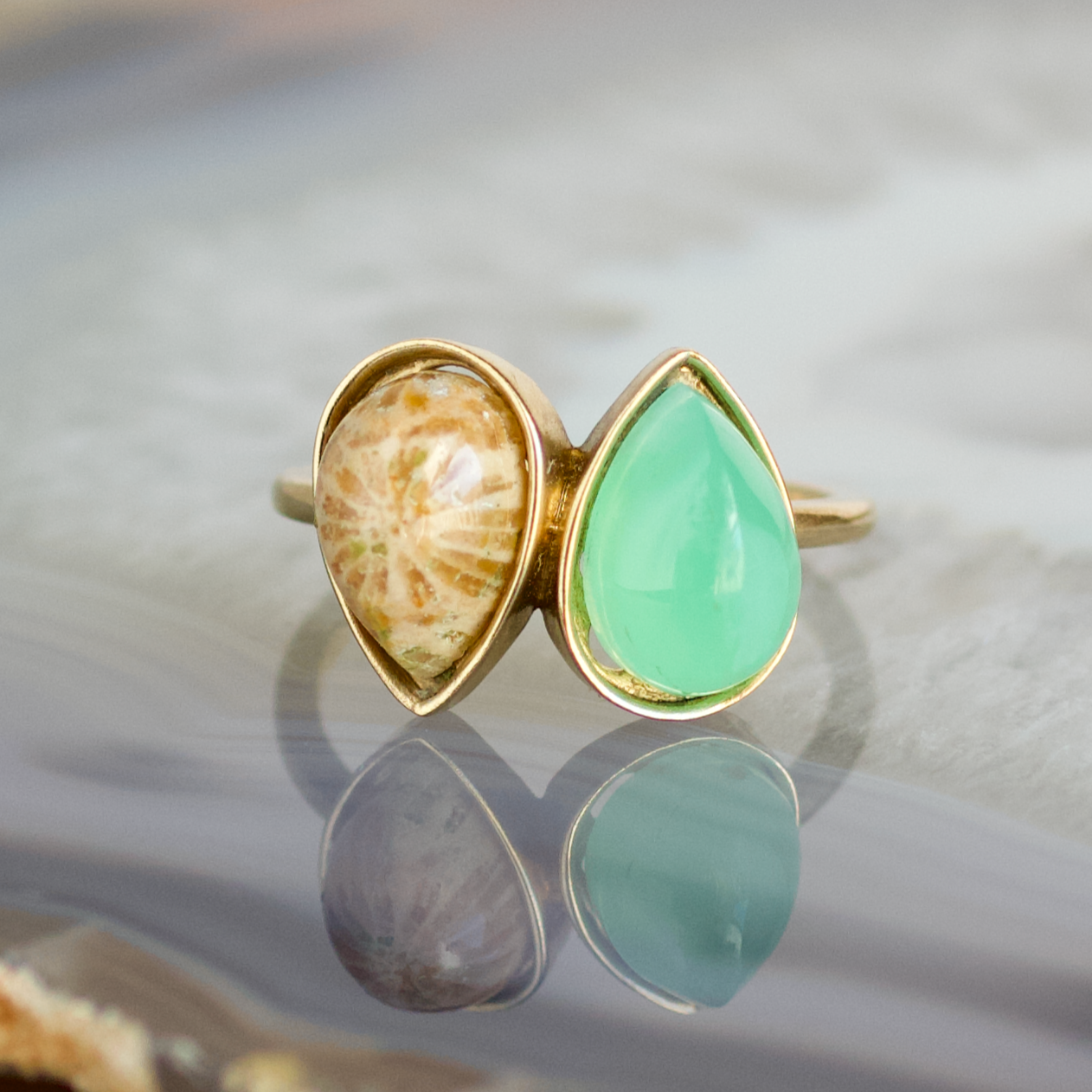 double pear fossilized coral and chrysoprase stone gold ring