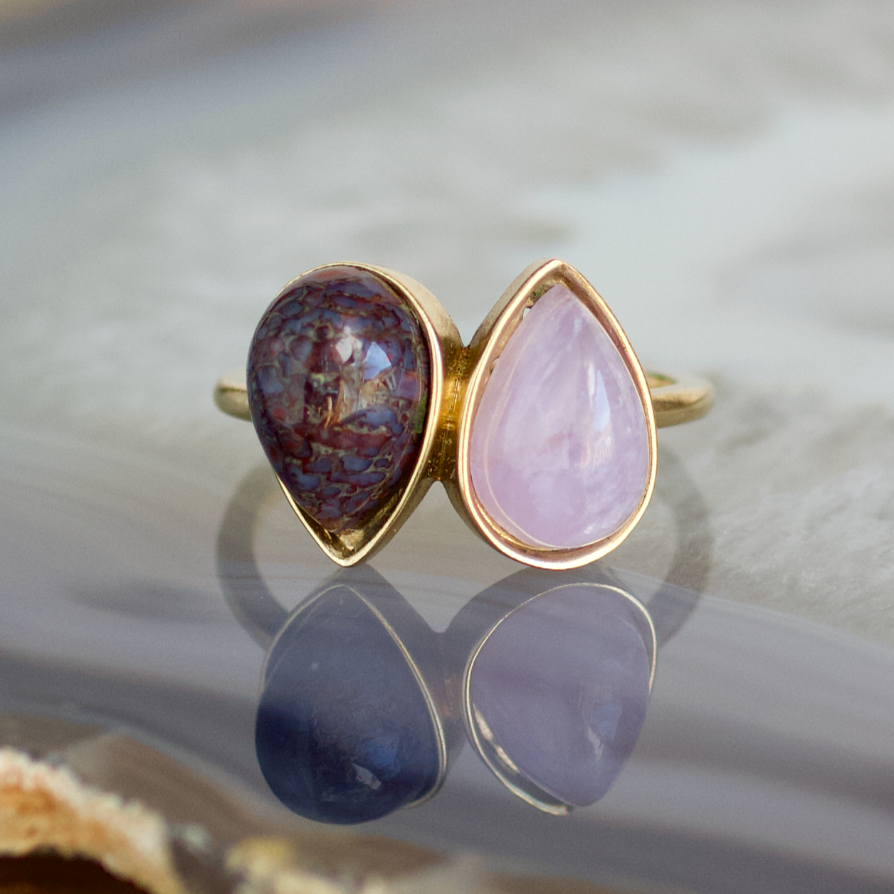 double pear dinosaur bone and amethyst stone gold ring