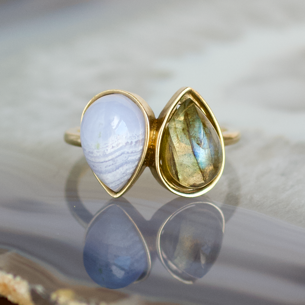 double pear blue lace agate and labradorite stone gold ring