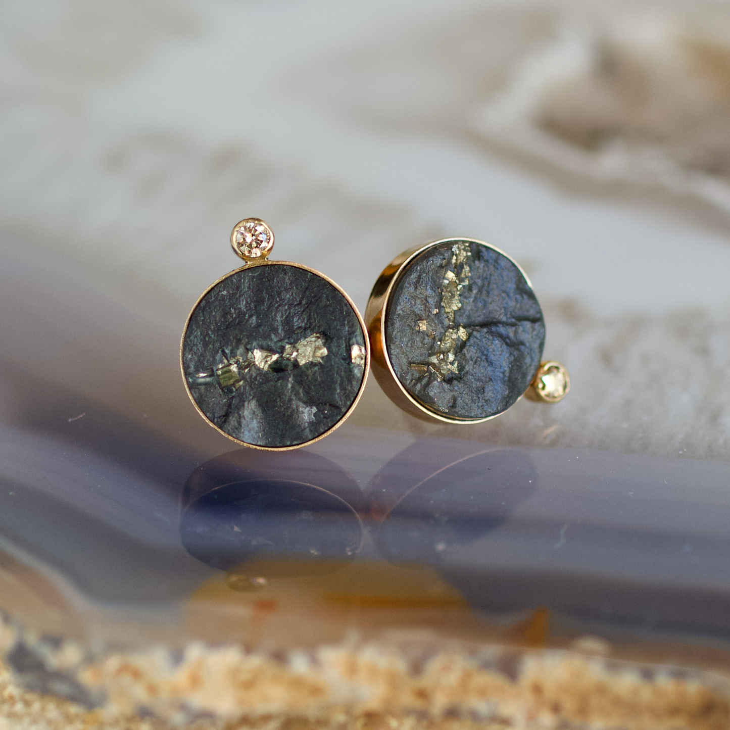 Pyrite in Schist, Diamond Stud Gold Earrings