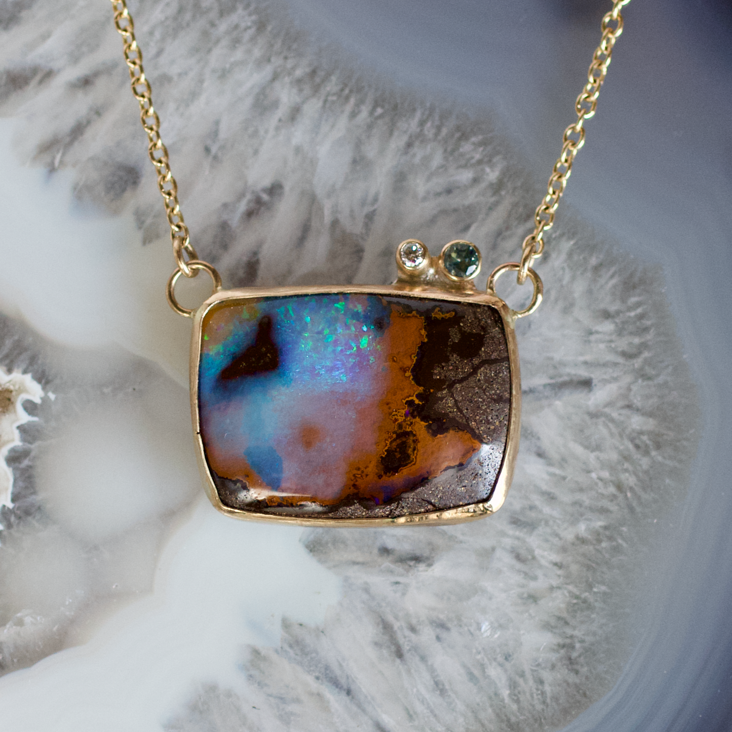Boulder Opal, Montana Sapphire, Diamond and Gold Necklace