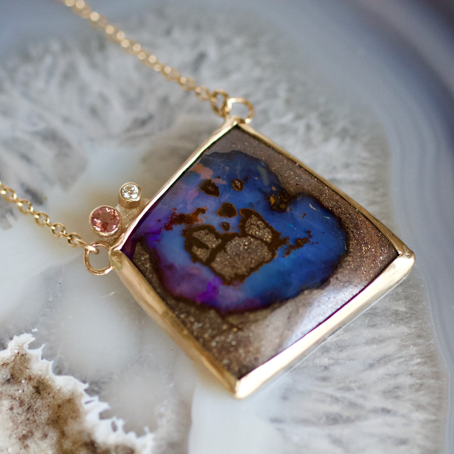 Boulder Opal, Oregon Sunstone, Diamond and Gold Necklace