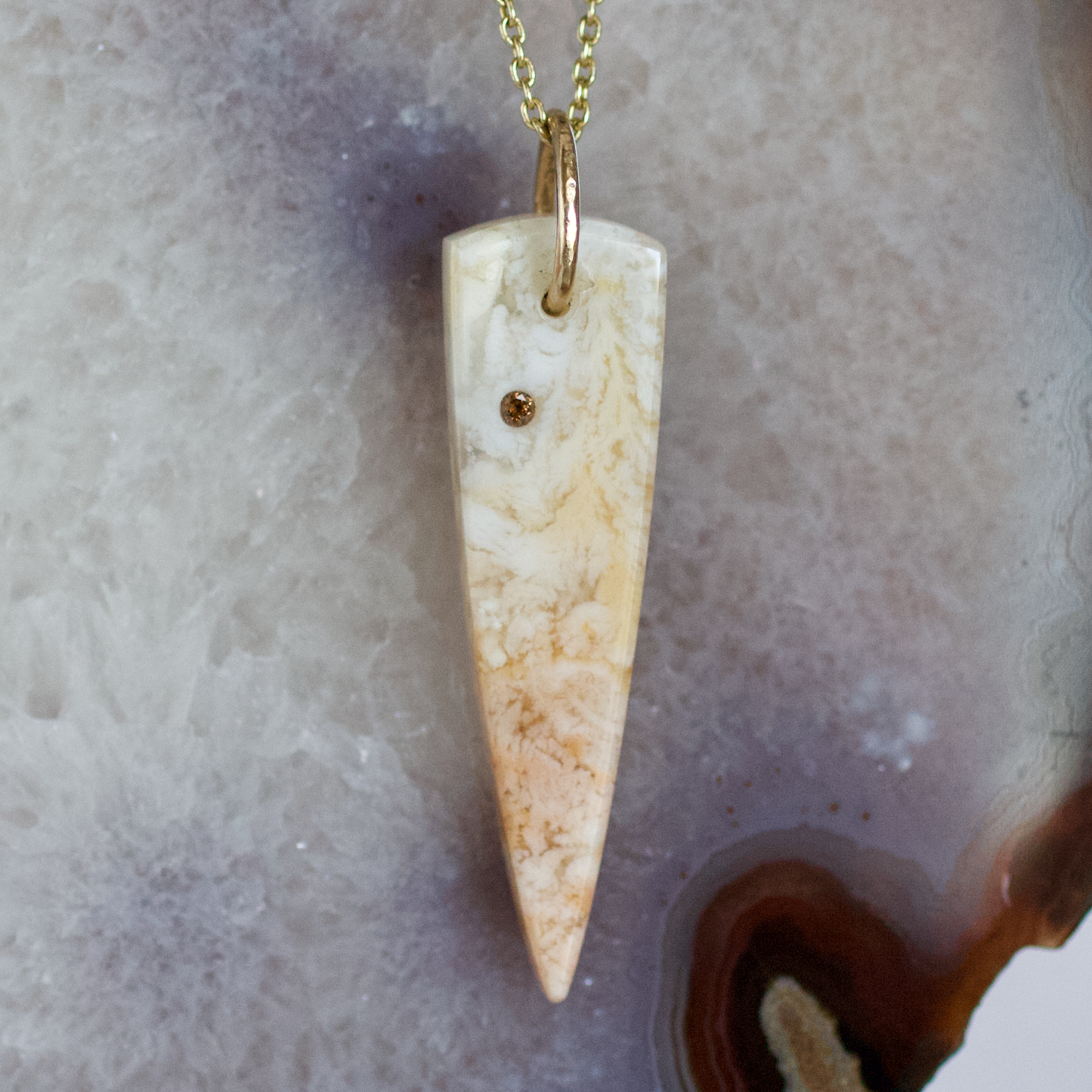 Plume Agate Diamond and Gold Pendant