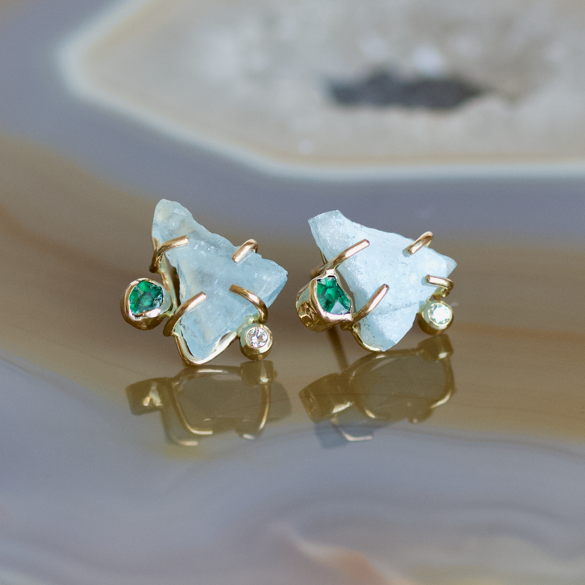 Aquamarine, Trapiche Emerald, and Diamond Stud Gold Earrings