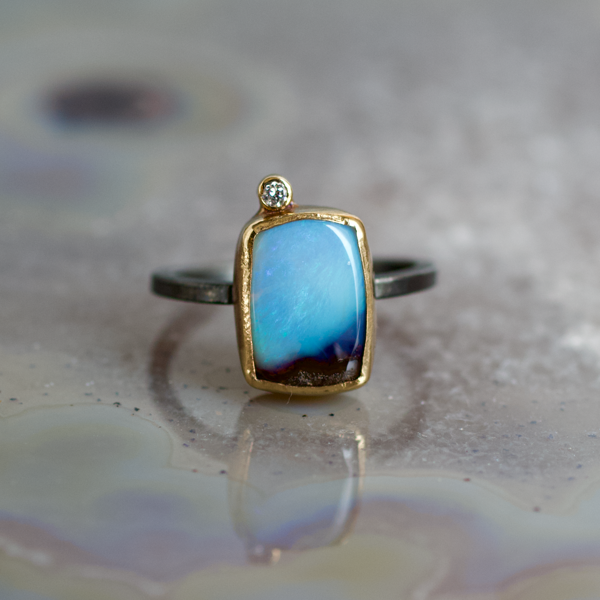 Blue Boulder Opal with Diamond Gold Ring