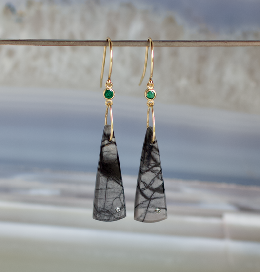 Picasso Jasper, Emerald, and Diamond Gold Earrings
