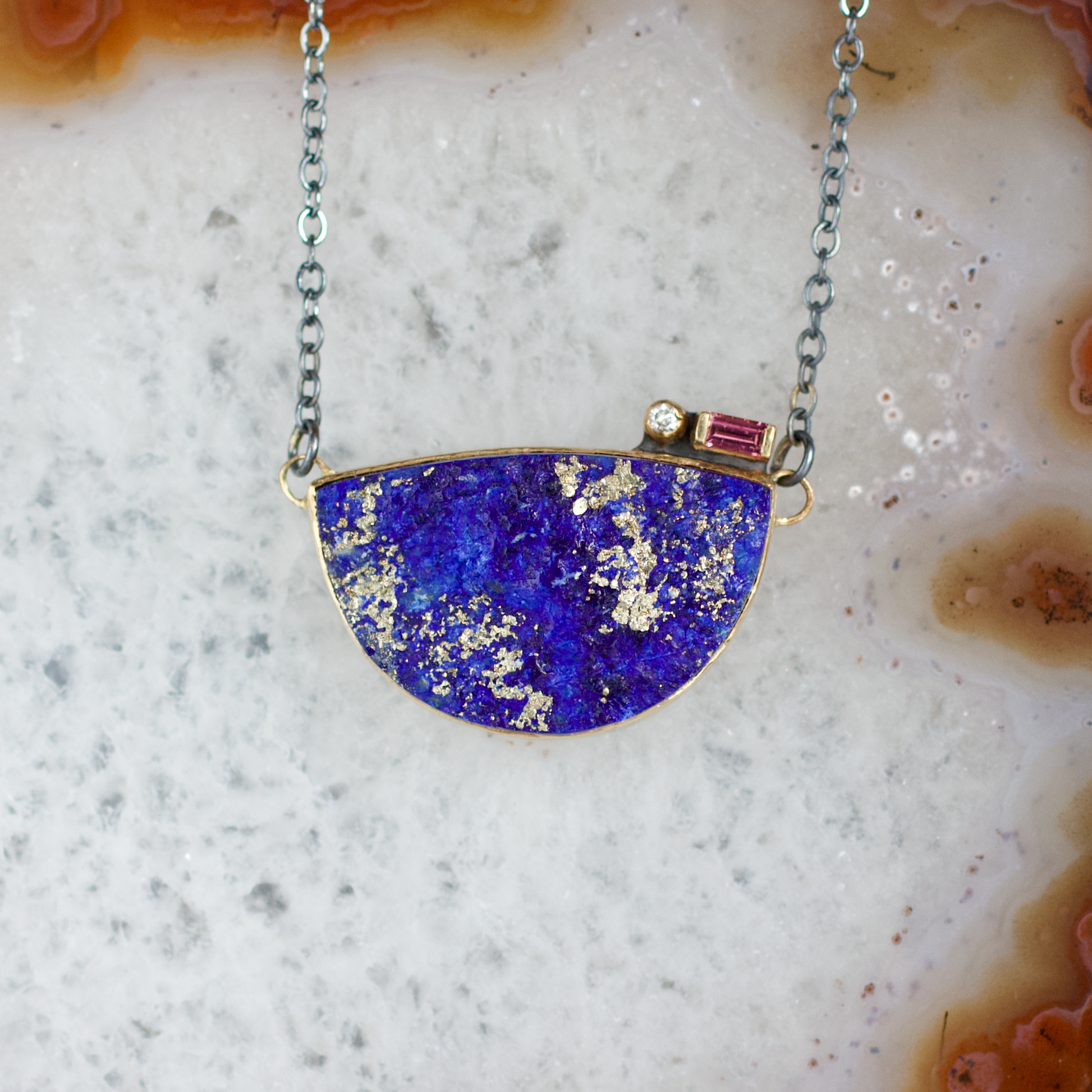 Lapis, Tourmaline, and Diamond Gold Necklace