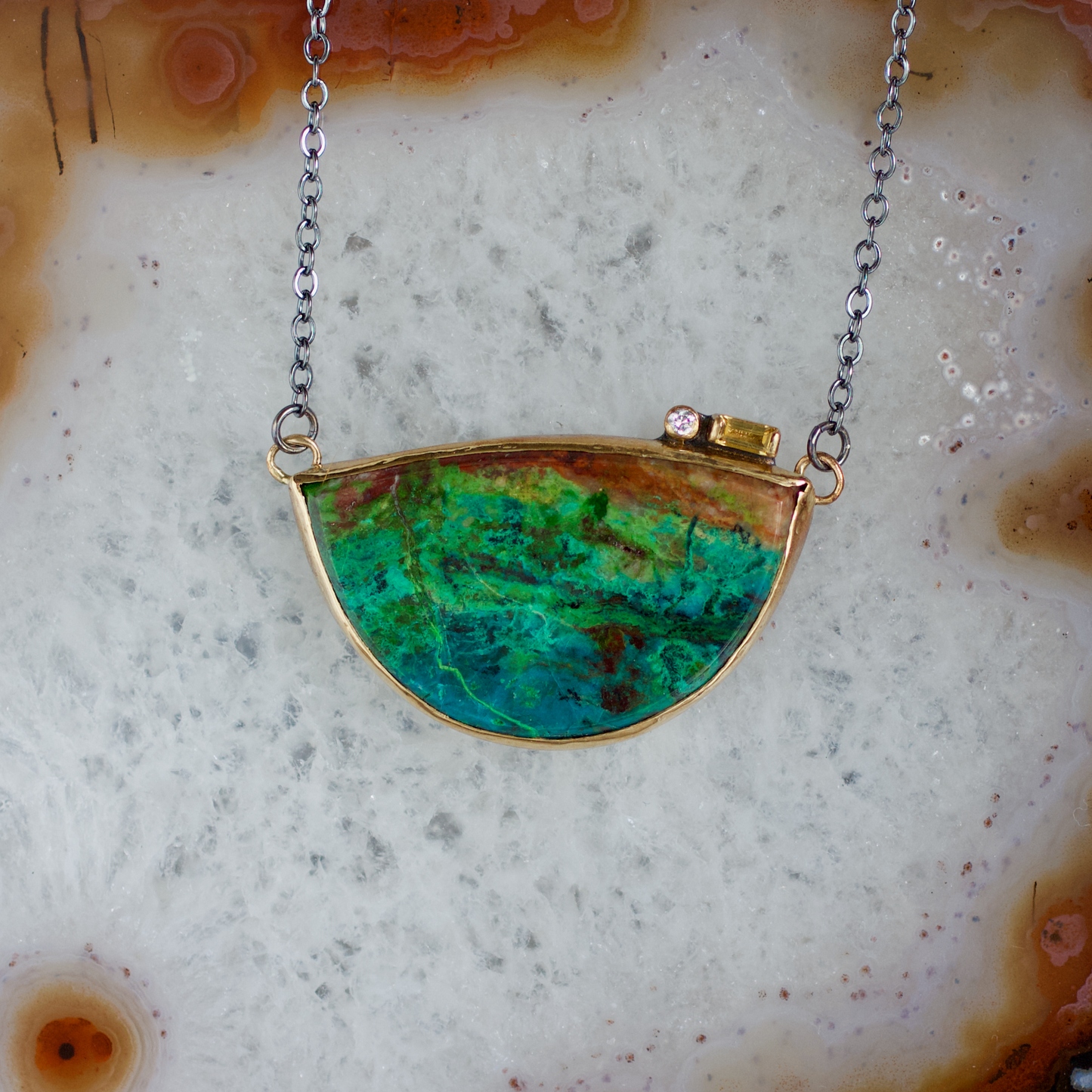 Parrot Wing Chrysocolla, Citrine, and Diamond Gold Necklace