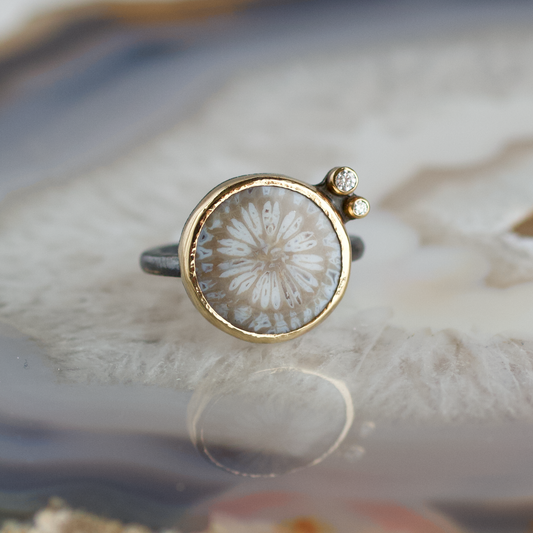 coral diamond ring gold silverAgatized Coral and Diamonds Flower Gold Ring