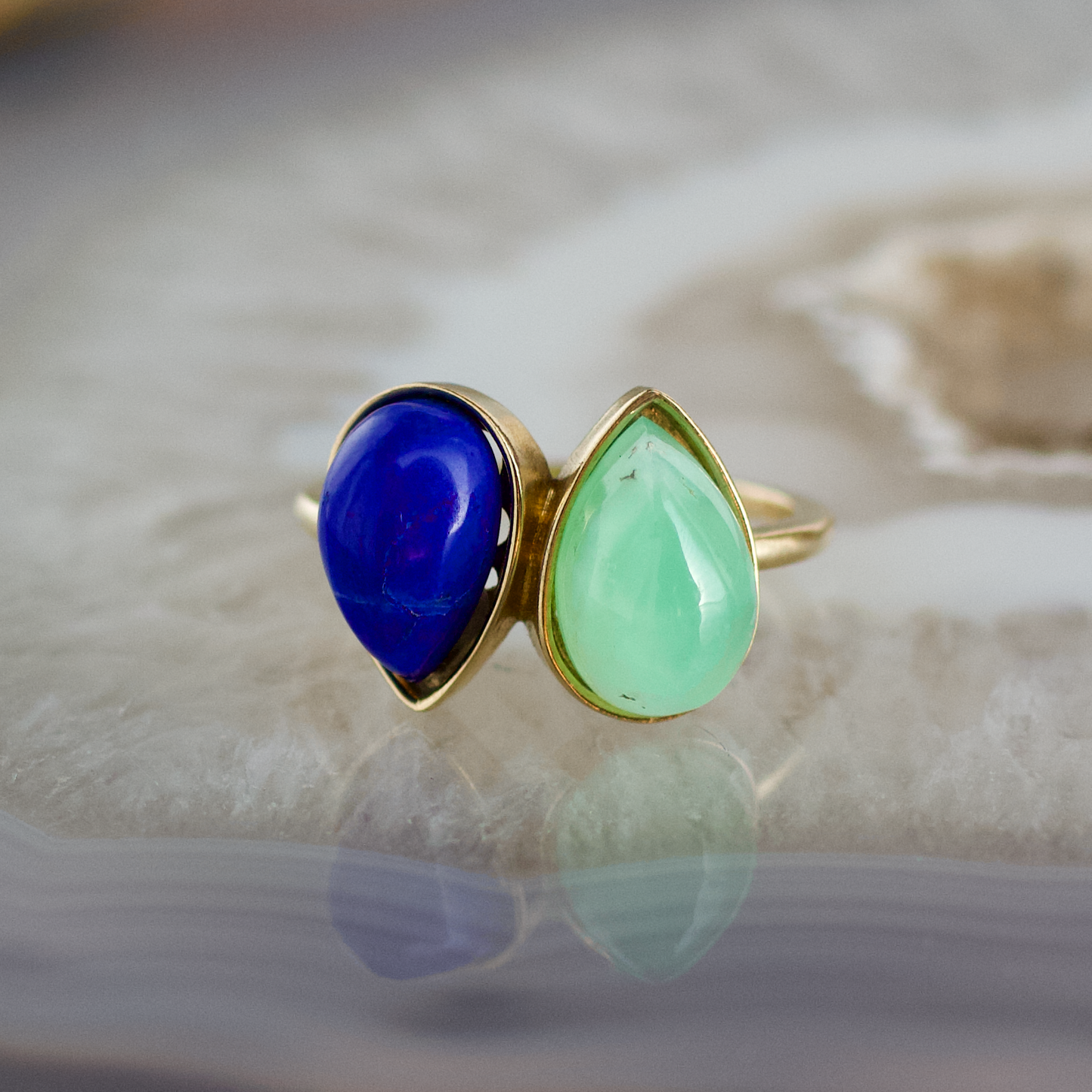 double pear lapis and chrysoprase stone gold ring