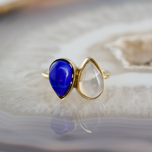 double pear lapis and moonstone stone gold ring