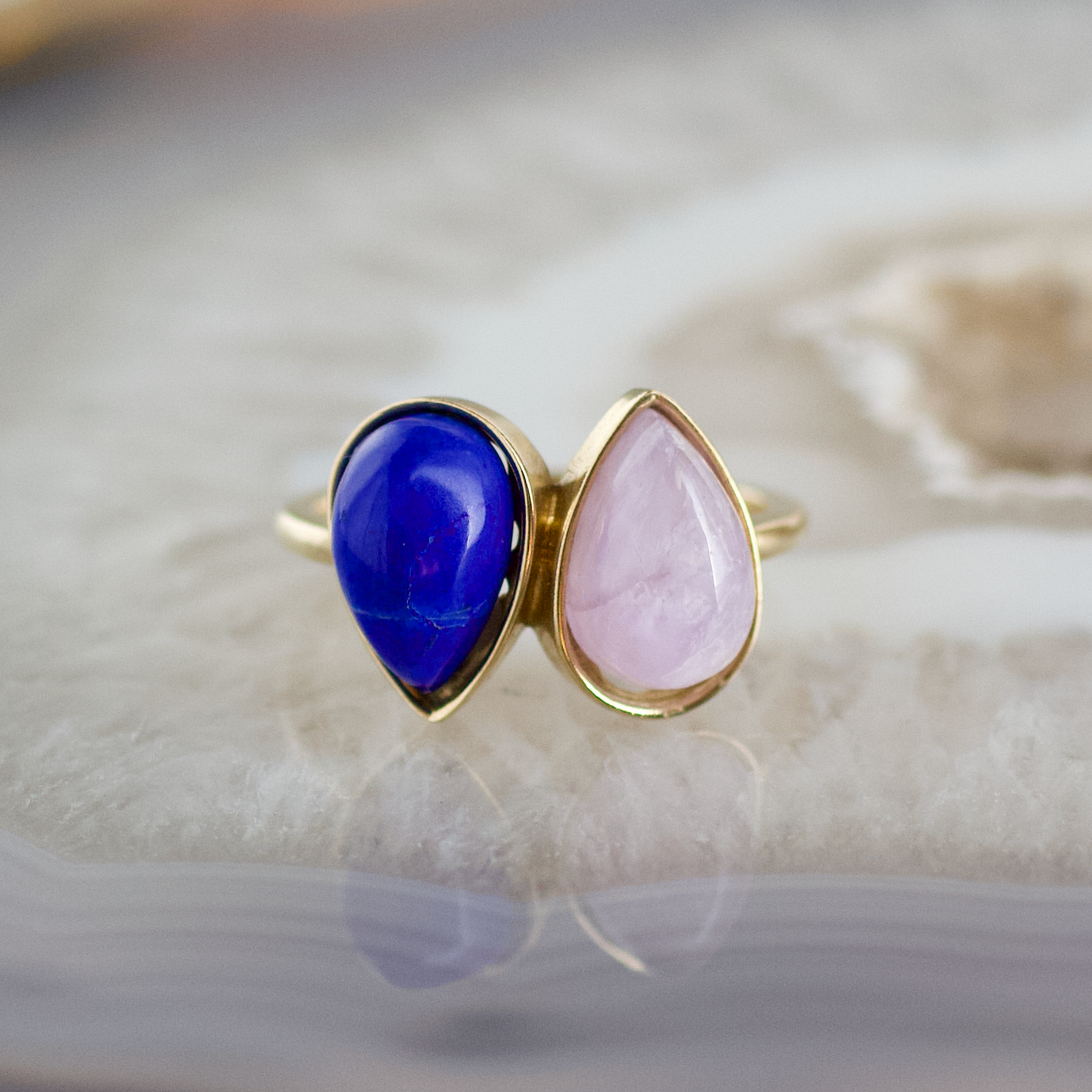double pear lapis and amethyst stone gold ring
