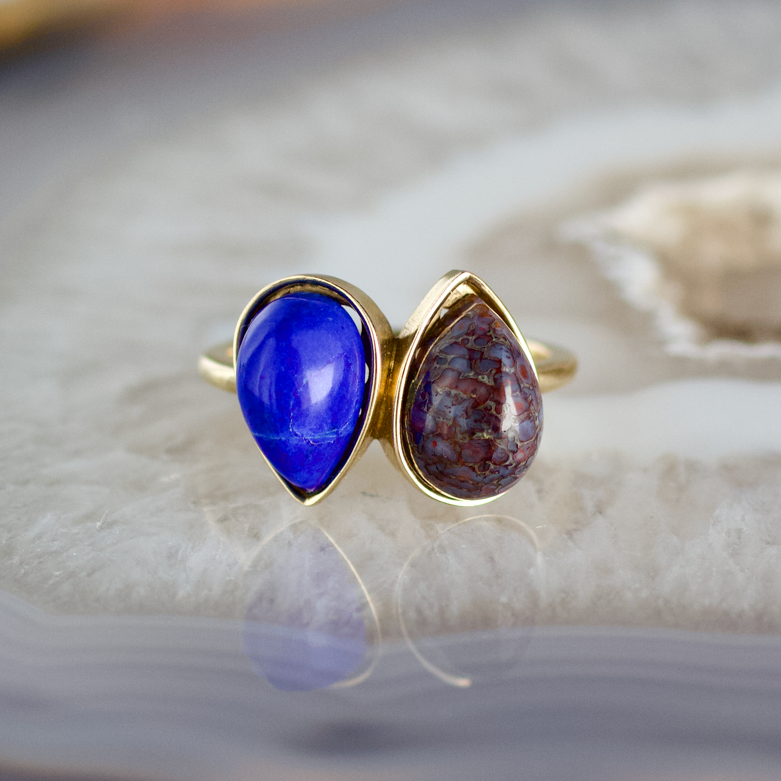 double pear lapis and dinosaur bone stone gold ring