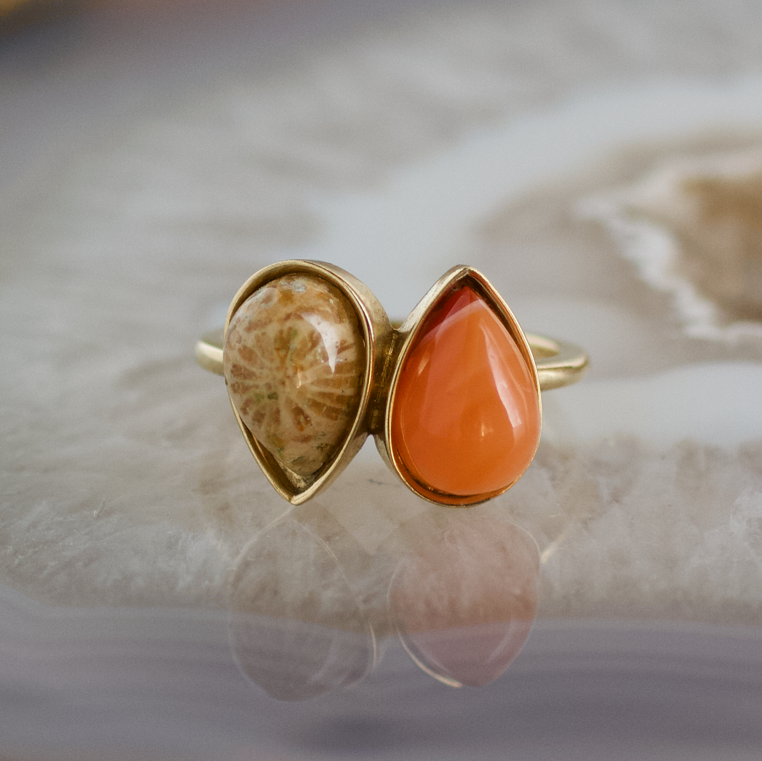 double pear fossilized coral and carnelian stone gold ring