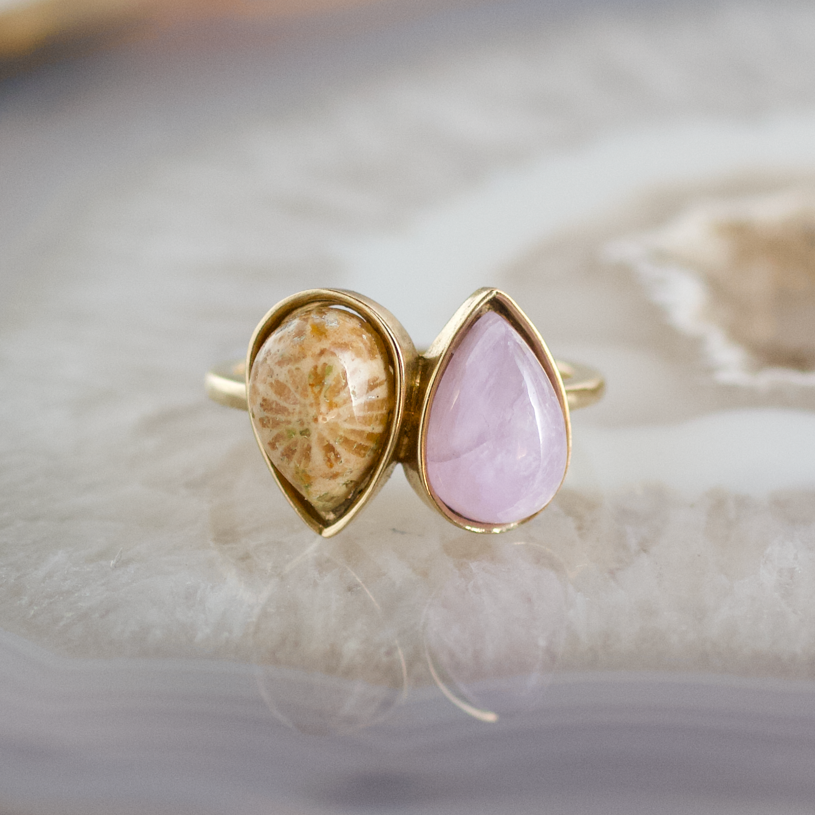 double pear fossilized coral and amethyst stone gold ring