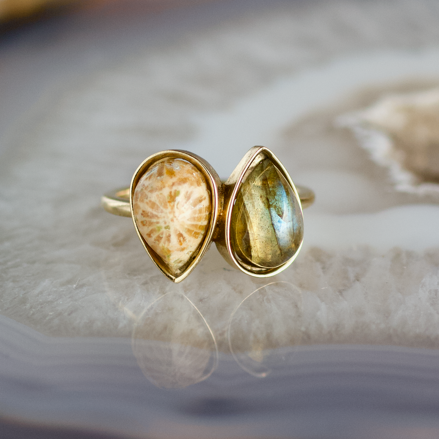 double pear fossilized coral and labradorite stone gold ring