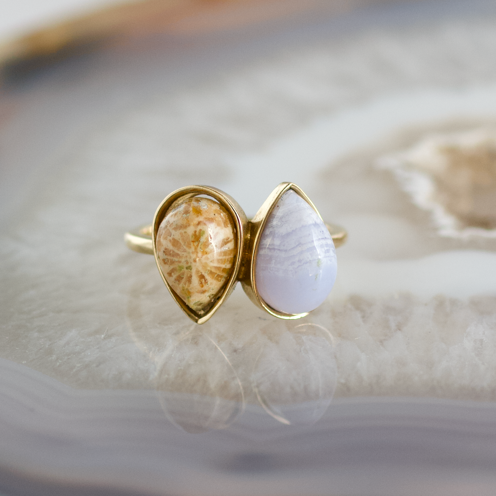 double pear fossilized coral and blue lace agate stone gold ring