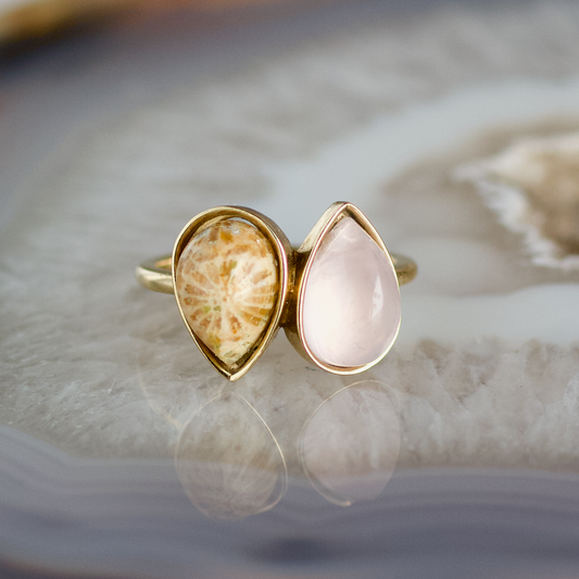 double pear fossilized coral and rose quartz stone gold ring
