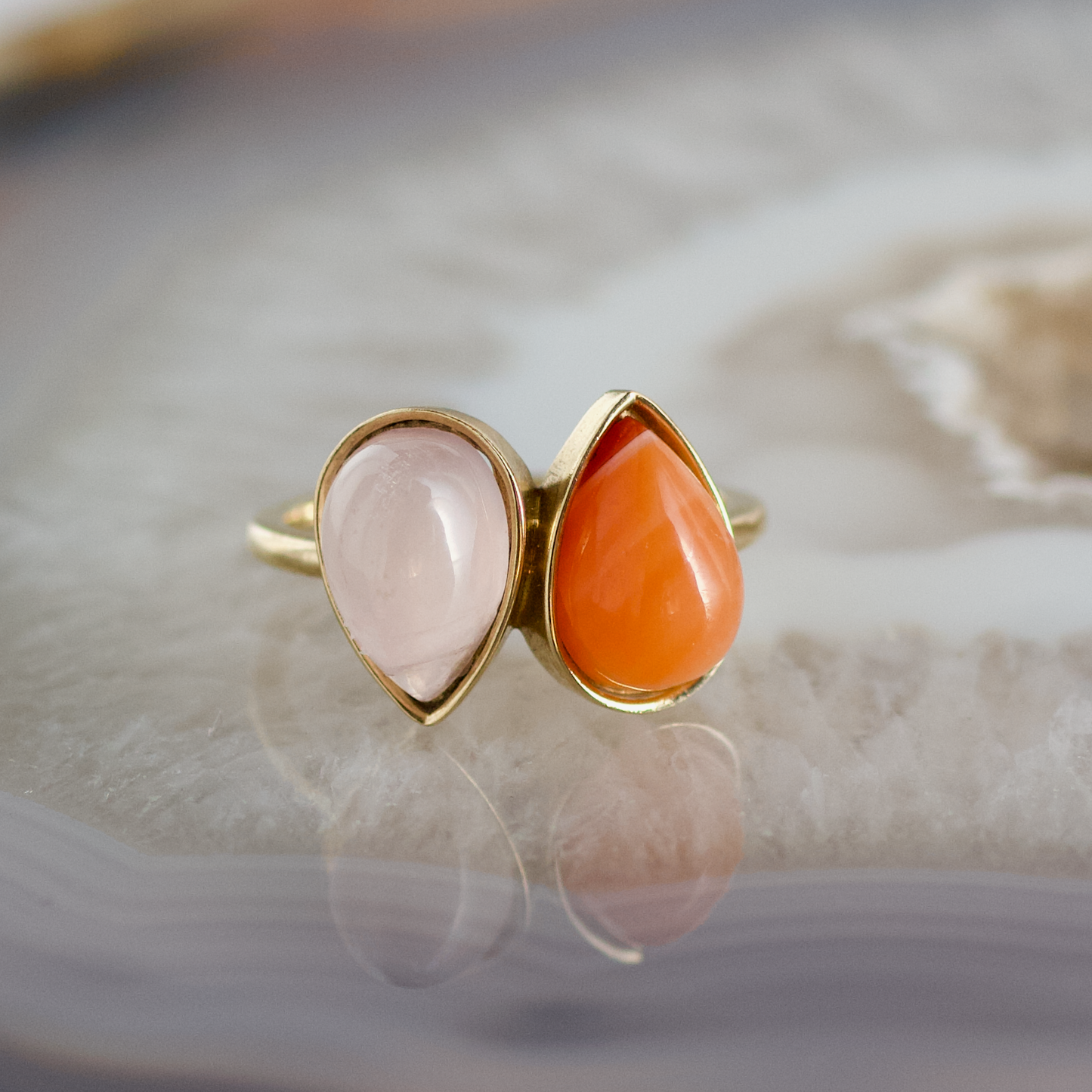 double pear calcedony and rose quartz stone gold ring
