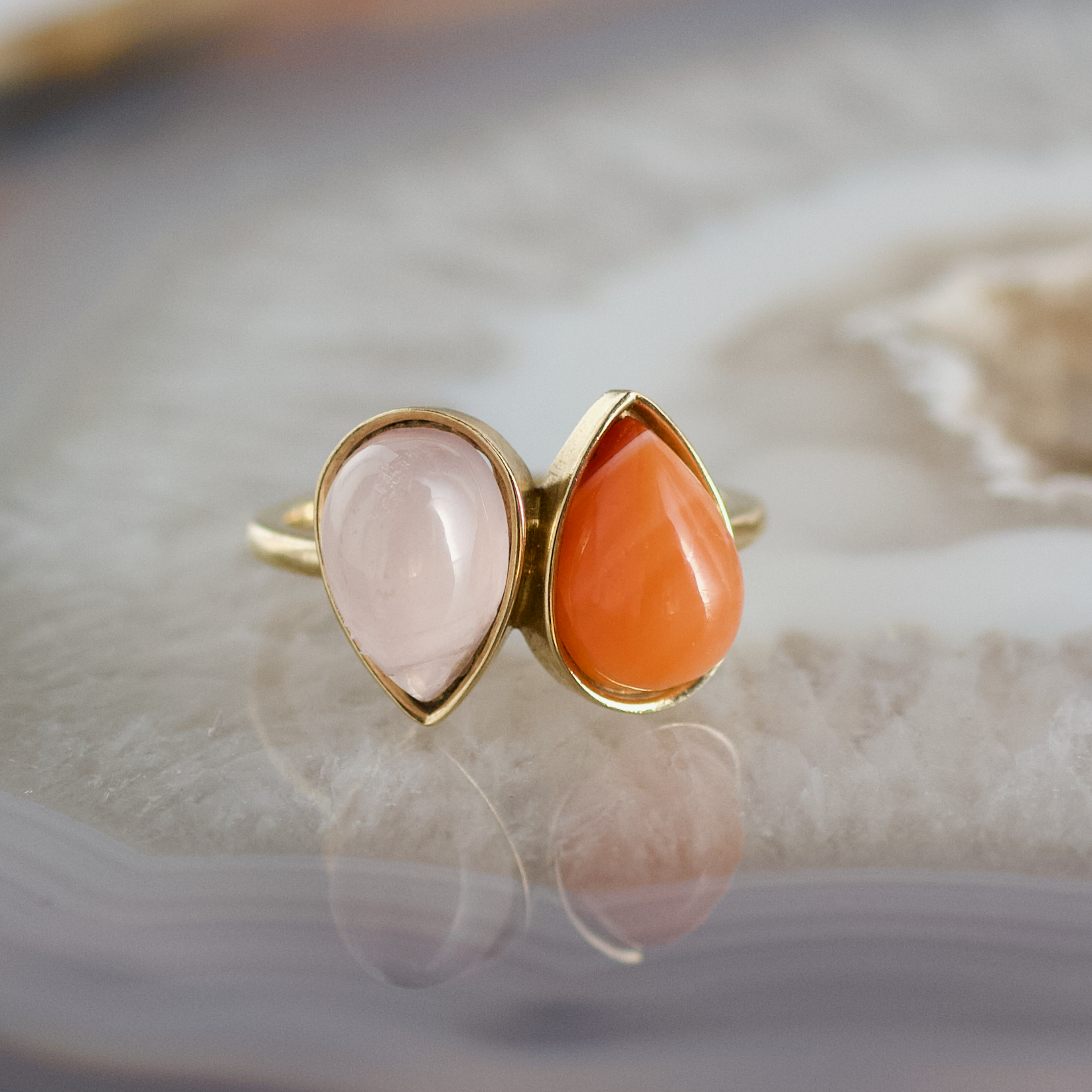 double pear calcedony and rose quartz stone gold ring