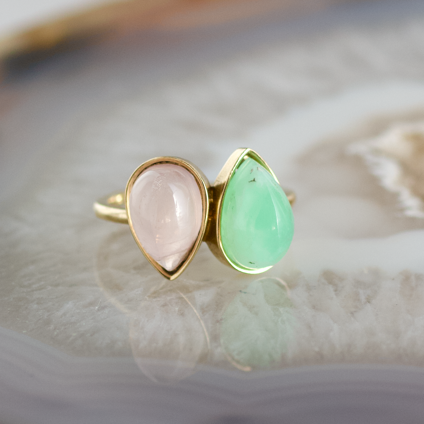 double pear chrysoprase and rose quartz stone gold ring