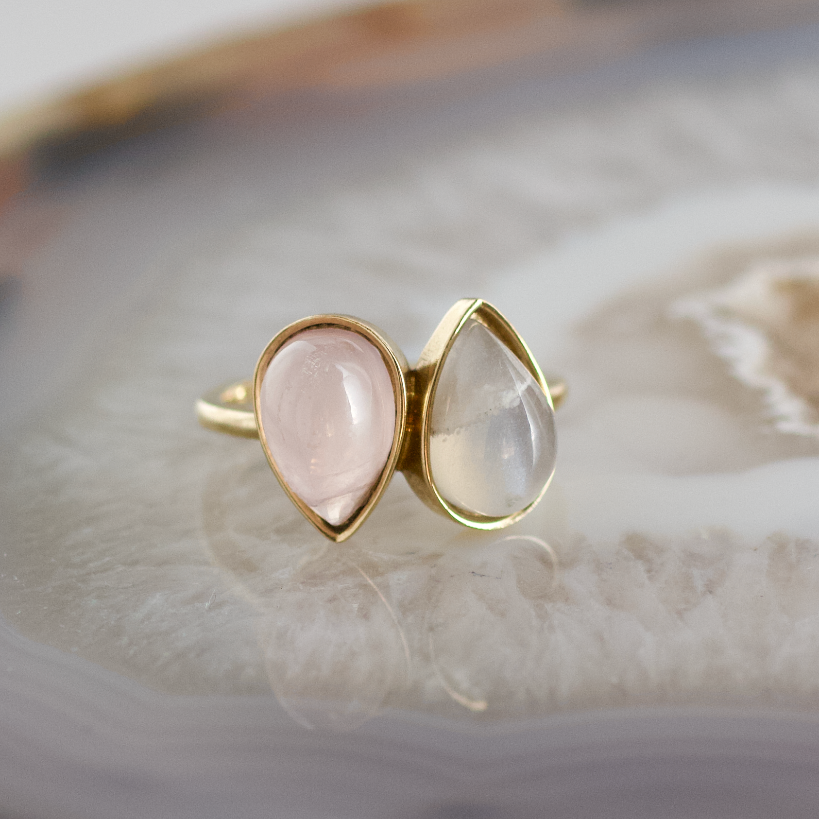 double pear moonstone and rose quartz stone gold ring