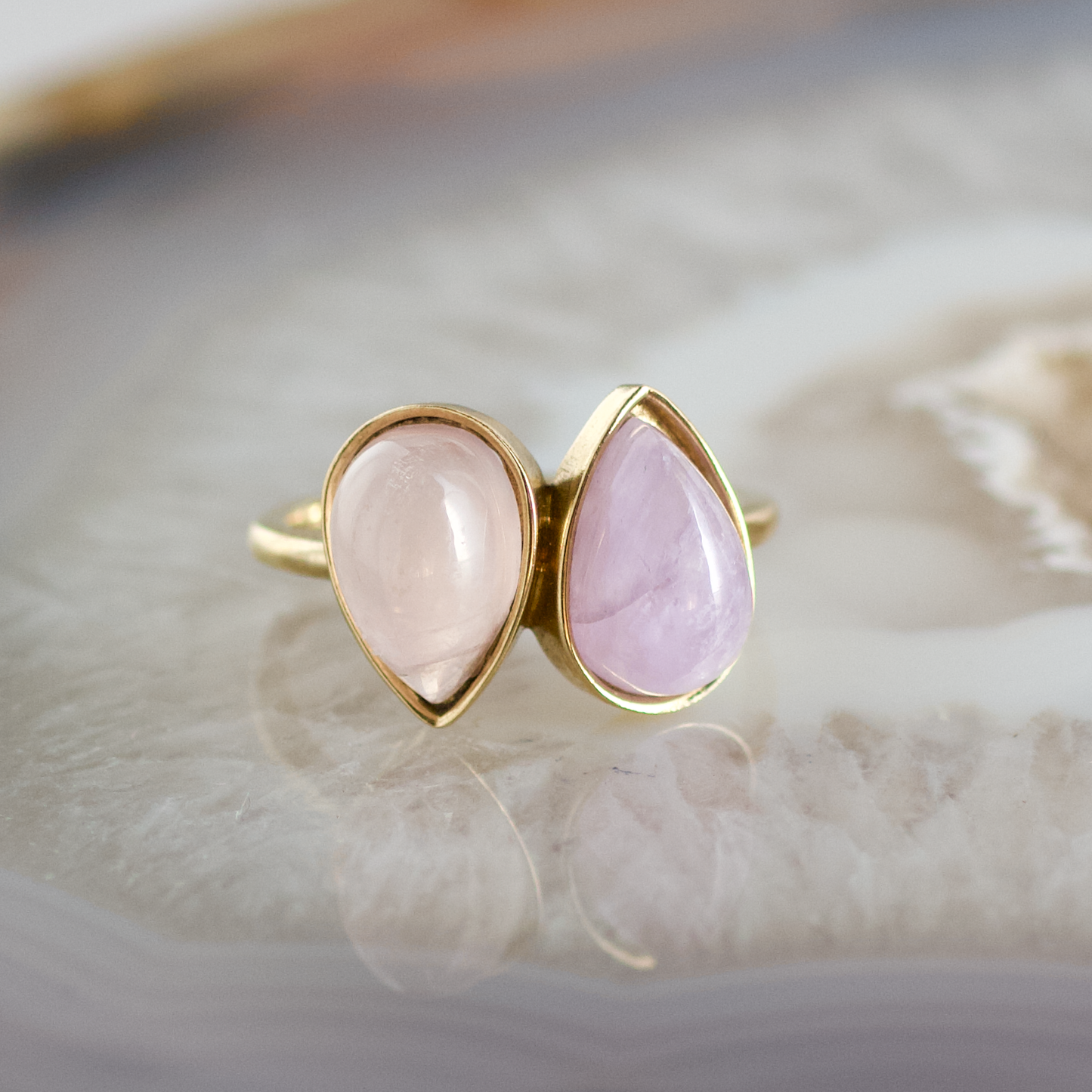 double pear amethyst and rose quartz stone gold ring