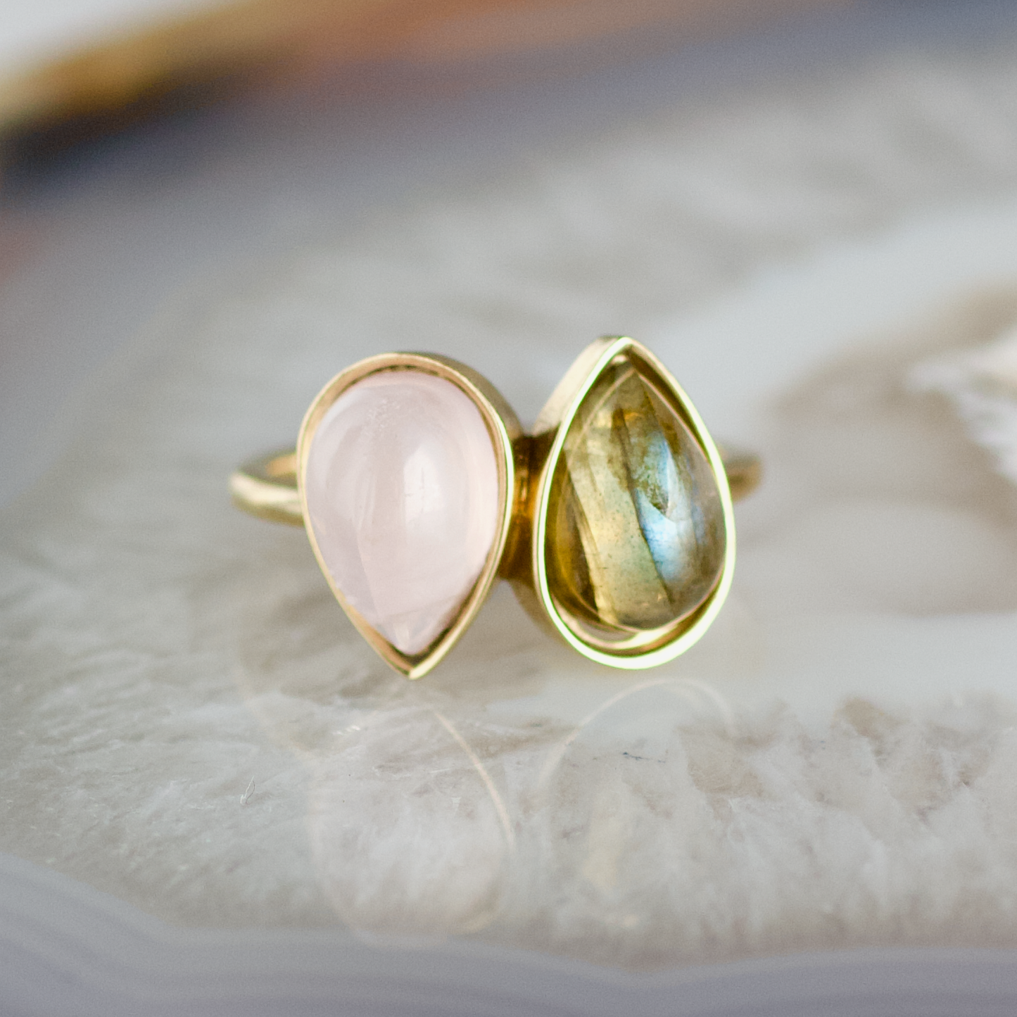 double pear labradorite and rose quartz stone gold ring