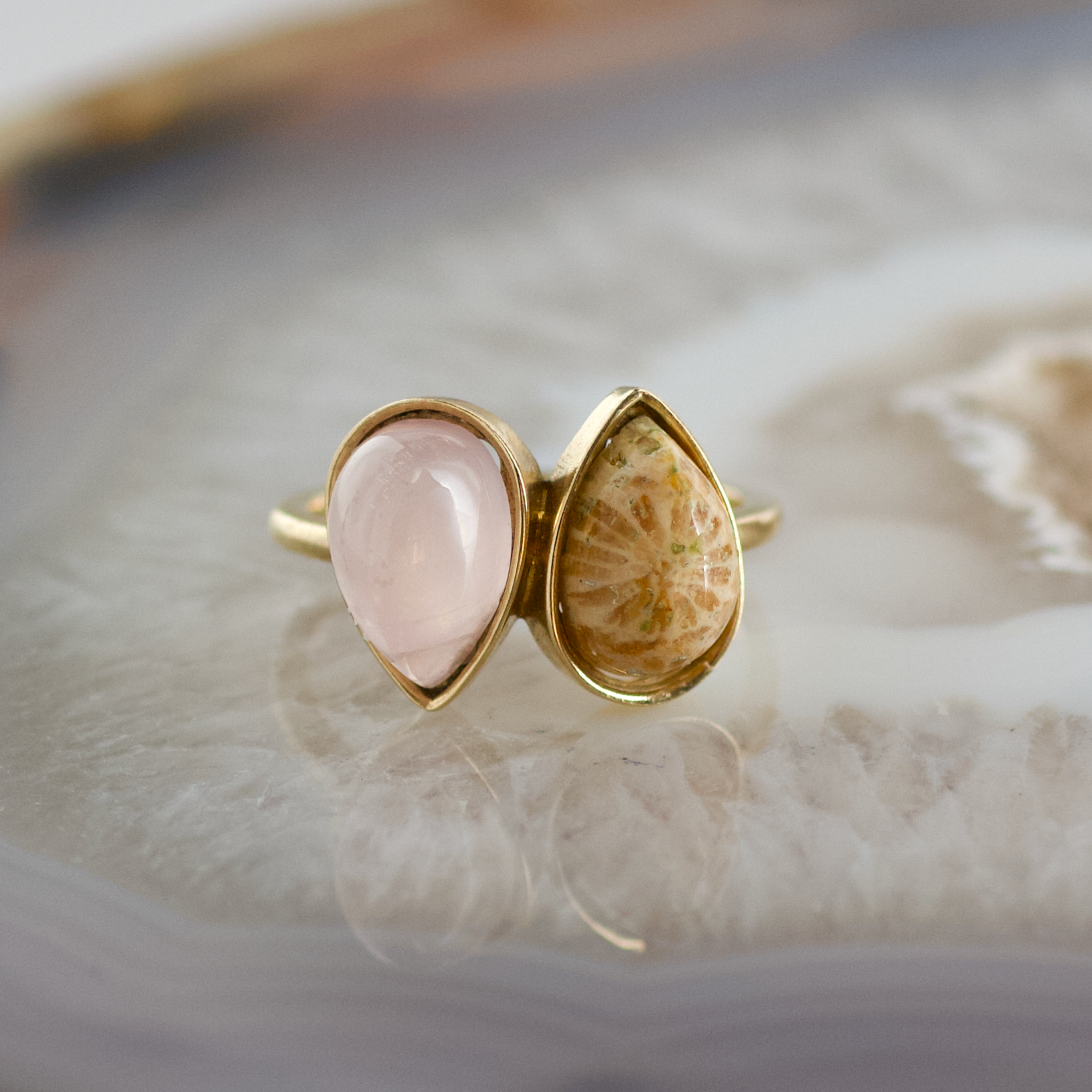 double pear fossilized coral and rose quartz stone gold ring
