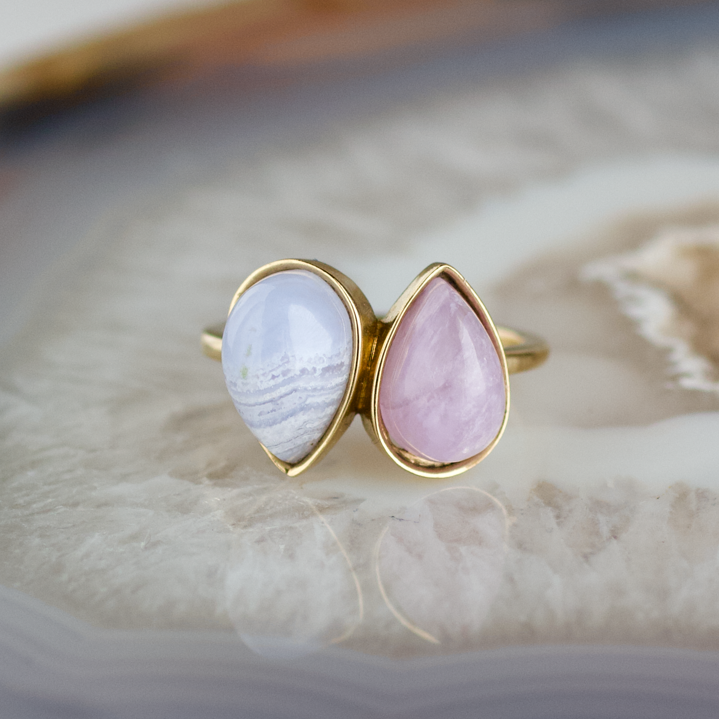 double pear amethyst and blue lace agate stone gold ring