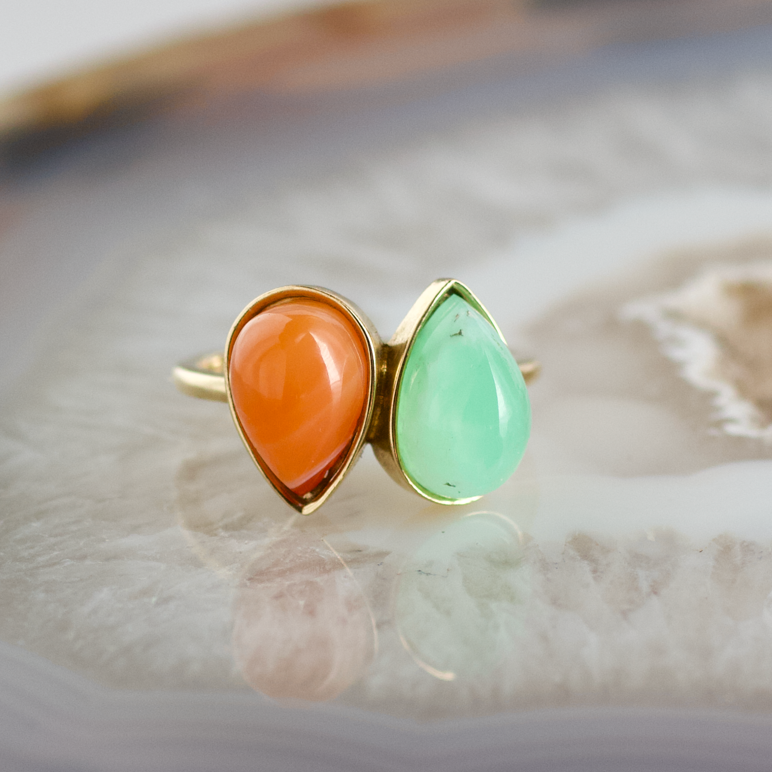 double pear carnelian and chrysoprase stone gold ring